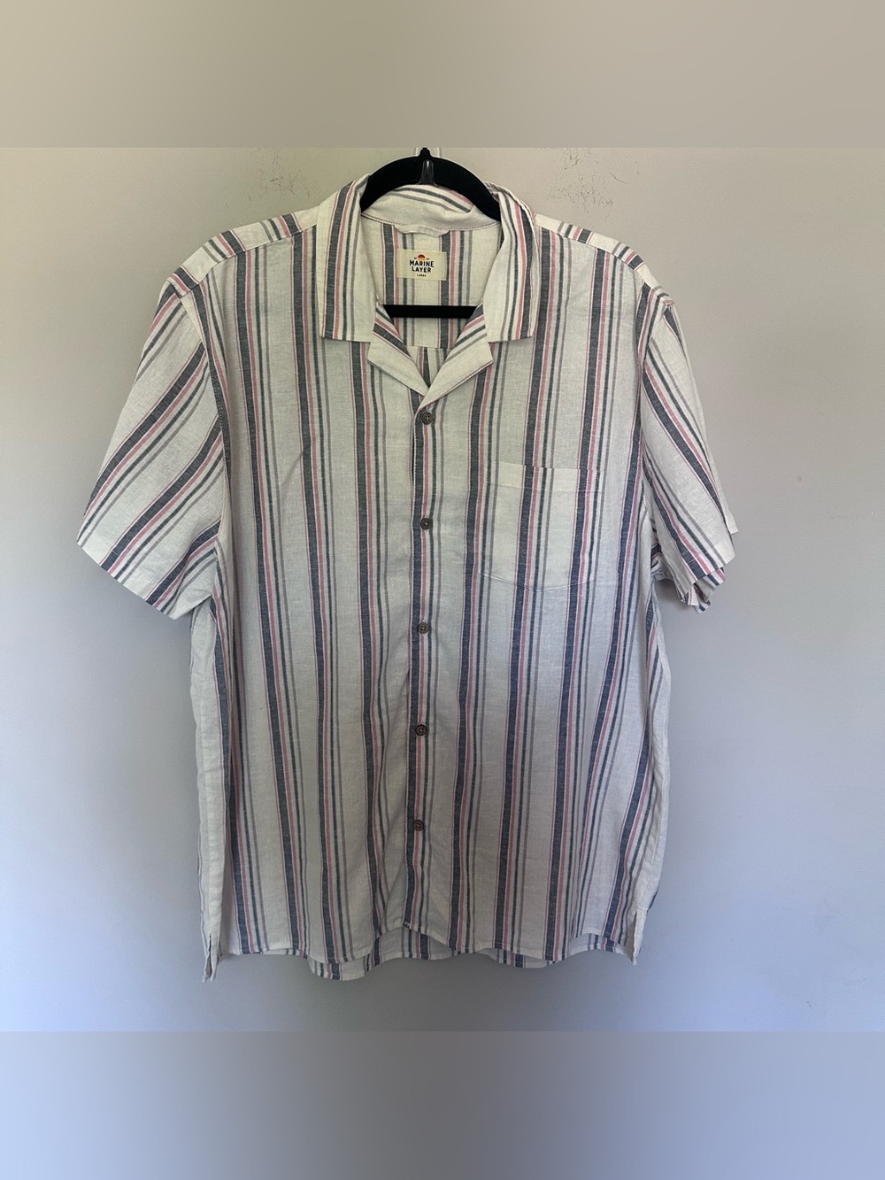 Marine Layer Short Sleeve Button-Up Shirt - White with Navy & Pink Stripes